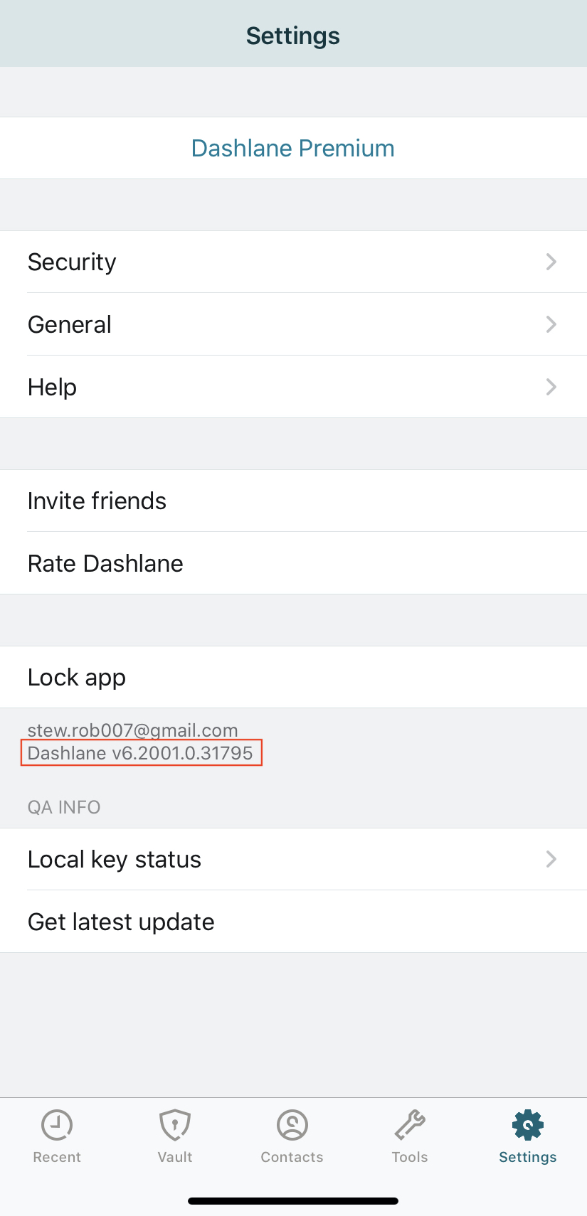 check the Dashlane build number on iOS