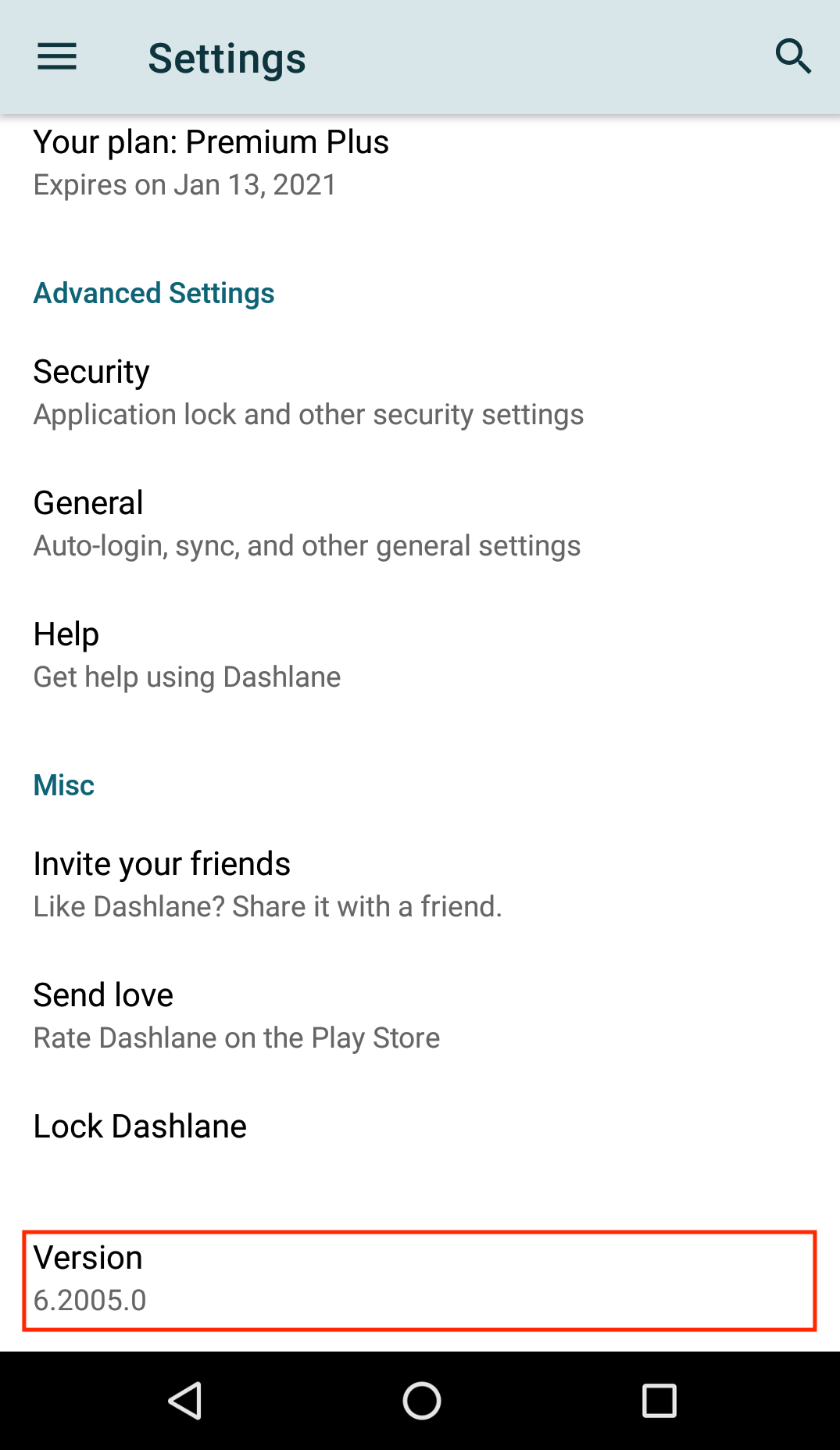 vérification du numéro de version Dashlane sur Android