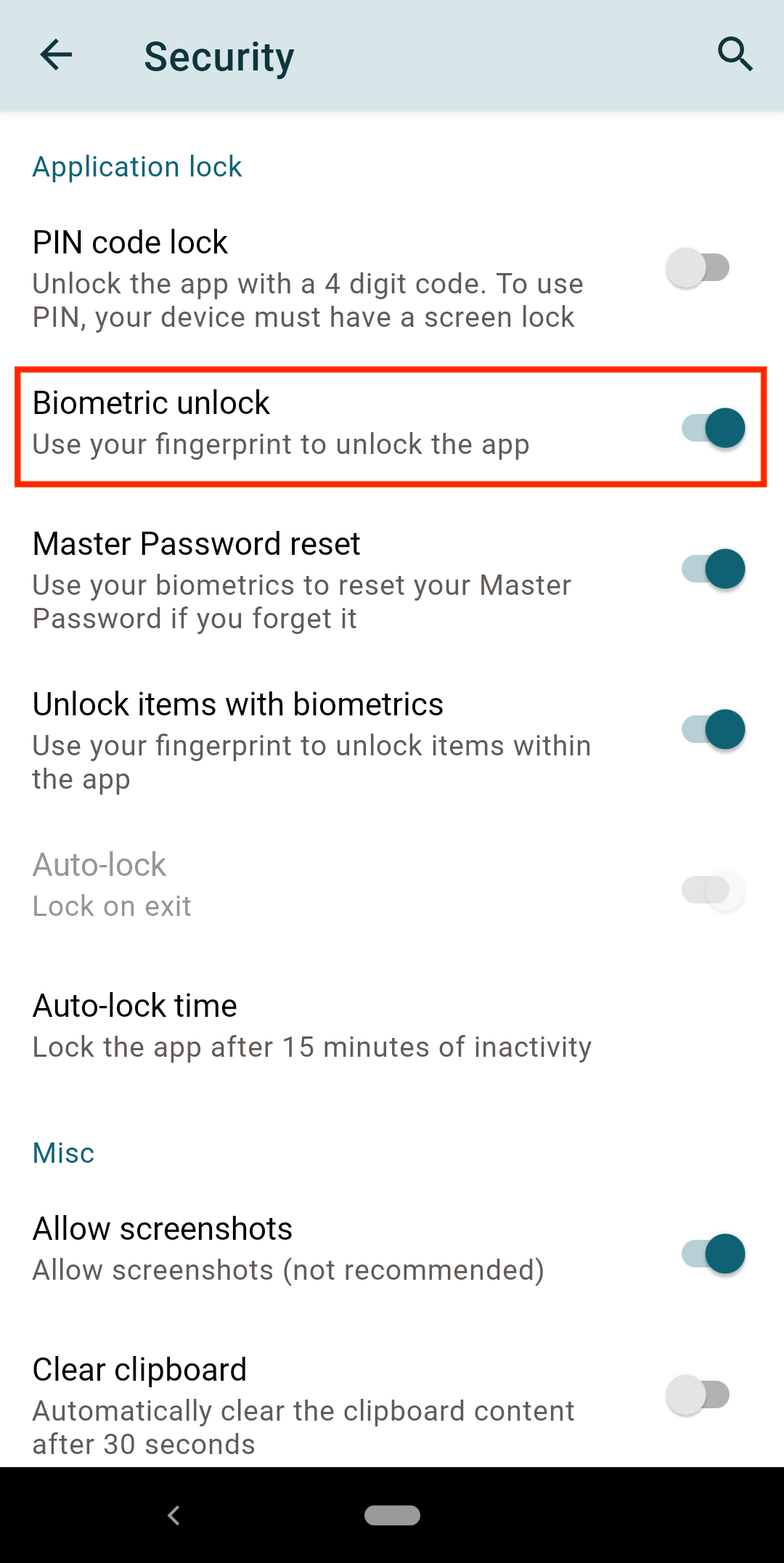 turn on biometric unlock