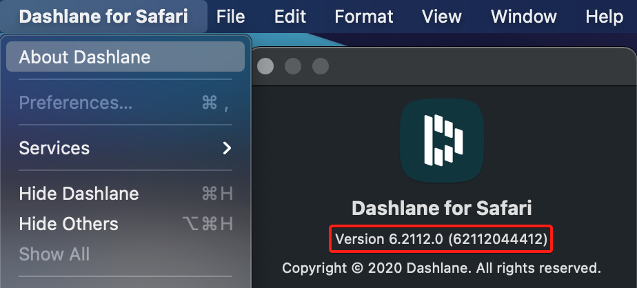 Überprüfen der Dashlane-Build-Nummer in Dashlane für Safari – Legacy