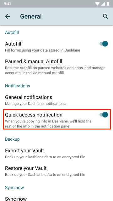 activer la notification d'accès rapide