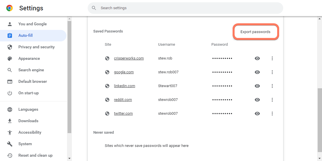 Come esporta le password del portachiavi in ​​Dashlane?